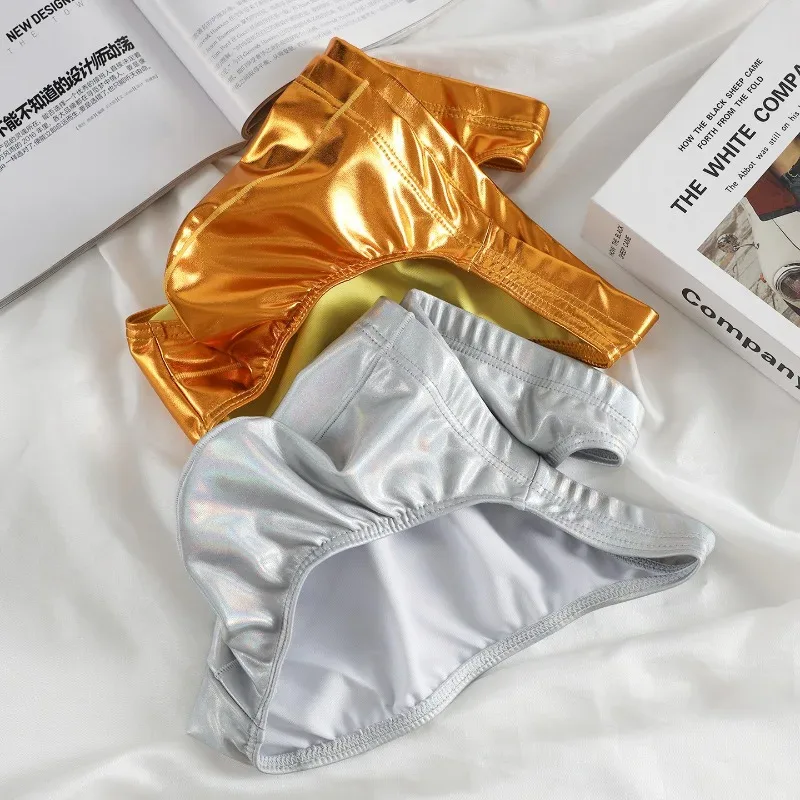 Metallic Shiny Briefs Men Low Rise High Stretch Slim Panties Laser Silver Gold U Convex Underpant Night Club Performance Knicker