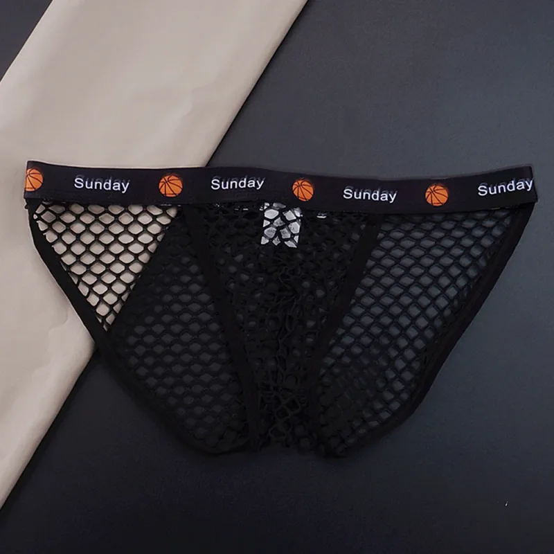 2PCS Basketball Letters Print Low Waist Men Sexy Transparent Nylon Briefs Male Large Mesh Fishnet Underwear for Sports — image 8