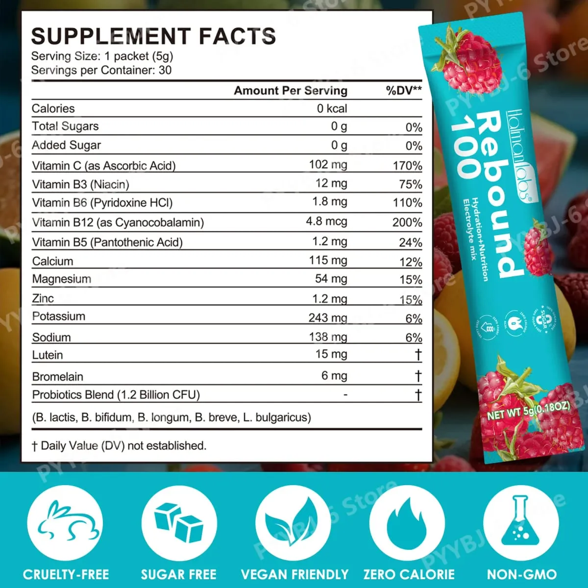 HolmanLabs Rebound 100 Electrolyte Supplement Powder Sugar Free Hydration Gut Vision Muscle Health Vitamins C B6 B12 30 Packets — image 5