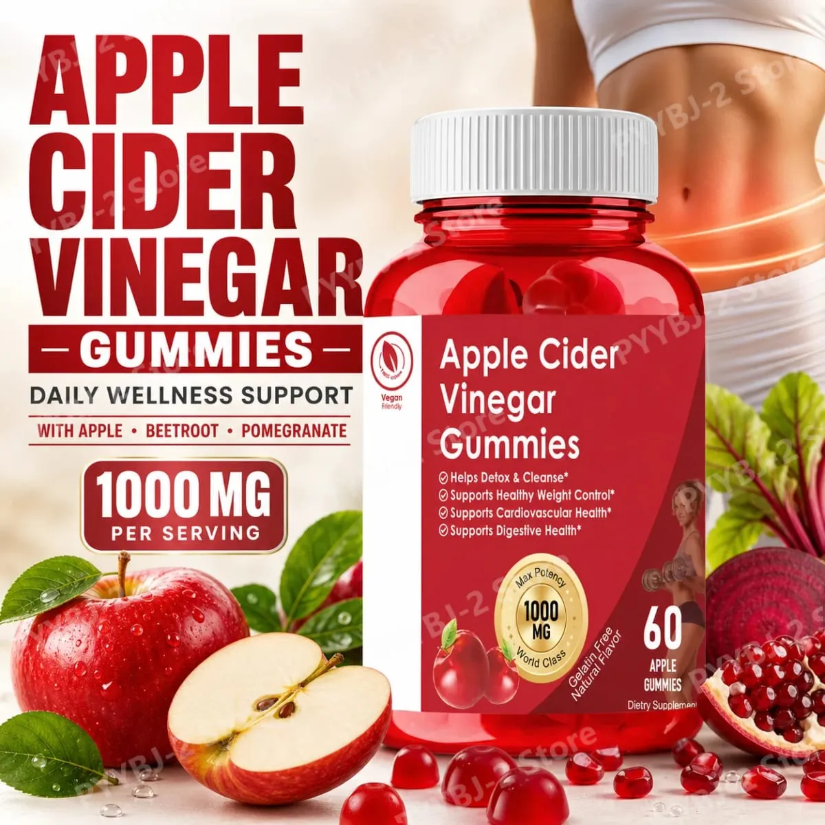 Apple Cider Vinegar Gummies Support Metabolism Digestive Health with Vitamin B12 & Folate – 60 Gummies — image 2