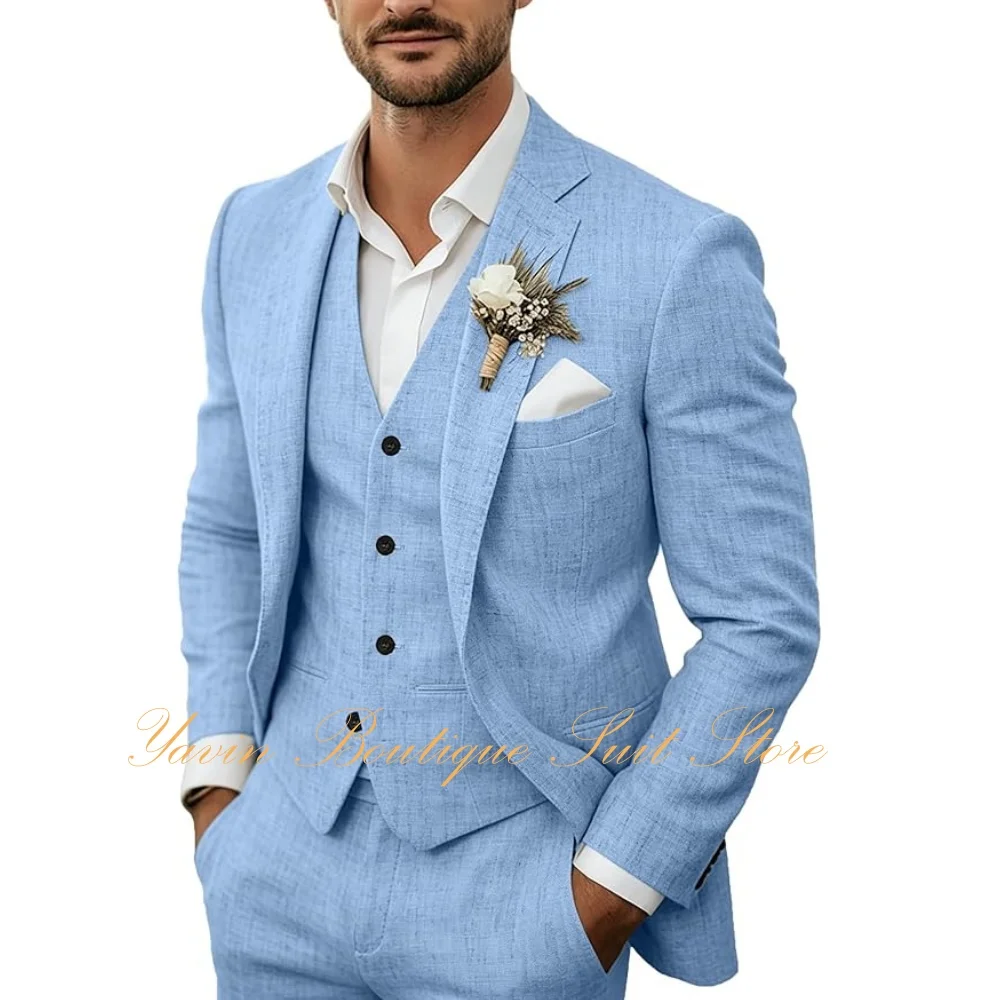 Summer Men's Linen Suits Casual Blazer 3 Piece Jacket Vest Pants Suit Set for Men Wedding Business Prom Tuxedo Suits — image 1
