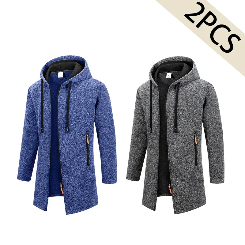 2Pcs 세트 남성 중간 길이 전체 지퍼 후드 자켓 양털 안감 따뜻한 코트와 Drawstring 후드 & 지퍼 포켓 캐주얼 겉옷 가을 겨울 데일리웨어