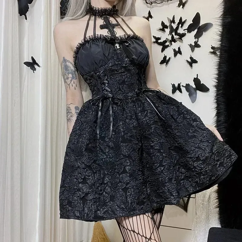 Mall Gothic Emo Jacquard Φορέματα σε γραμμή Α Goth Φόρεμα Κομψό Grunge Ruched Bandage Partywear Punk Black Women Halloween Club Dress
