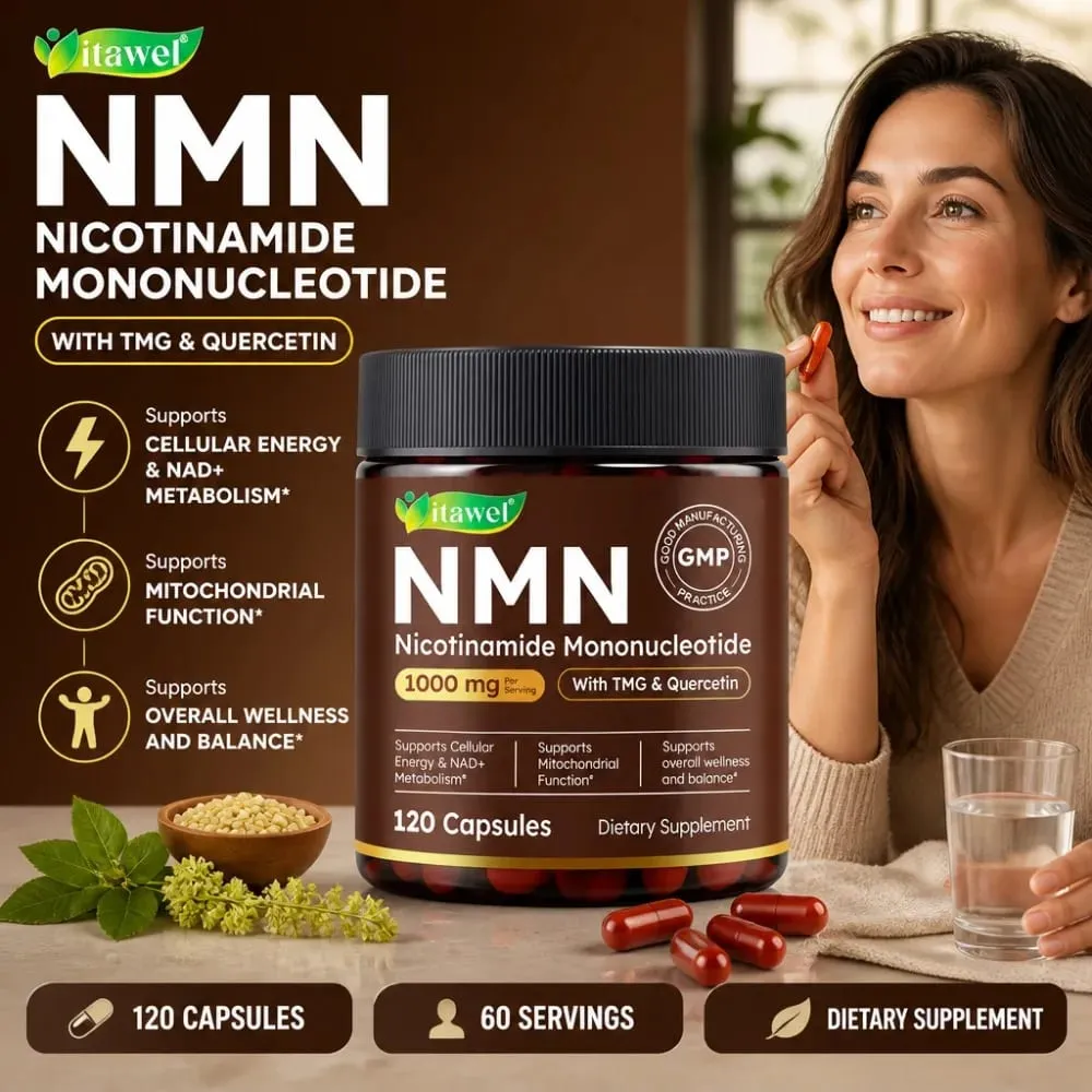 NMN Capsules 1000mg Beta Nicotinamide Mononucleotide TMG Quercetin Resveratrol NAD+ מטבוליזם מיטוכונדריאלי תפקוד 120 ספירה