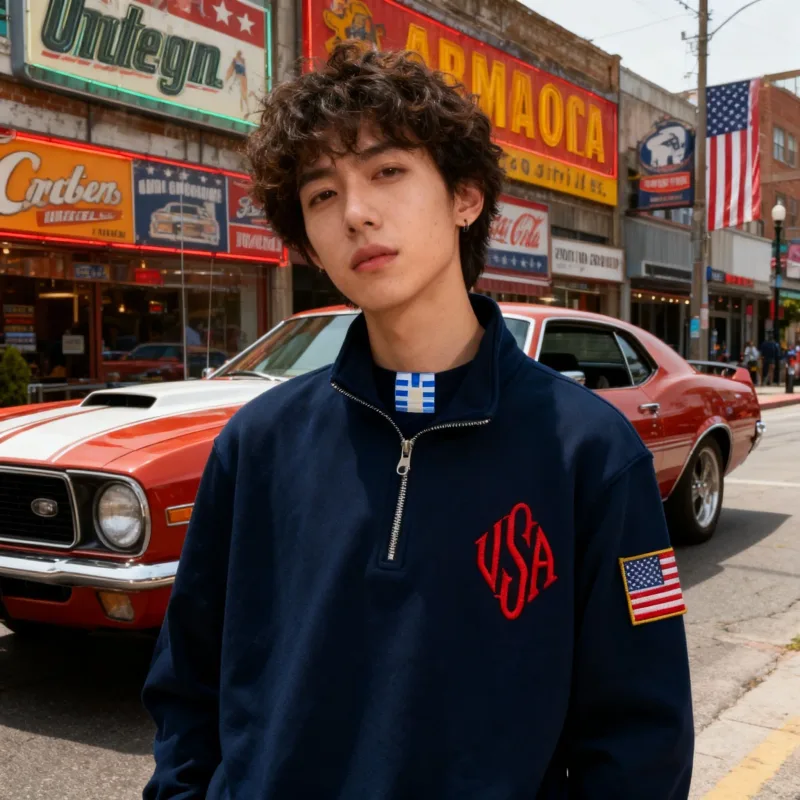 Sweat-shirt brodé drapeau américain Vintage, bleu marine, quart de zip, livraison rapide, Streetwear High Street Y2k, à la mode — image 3