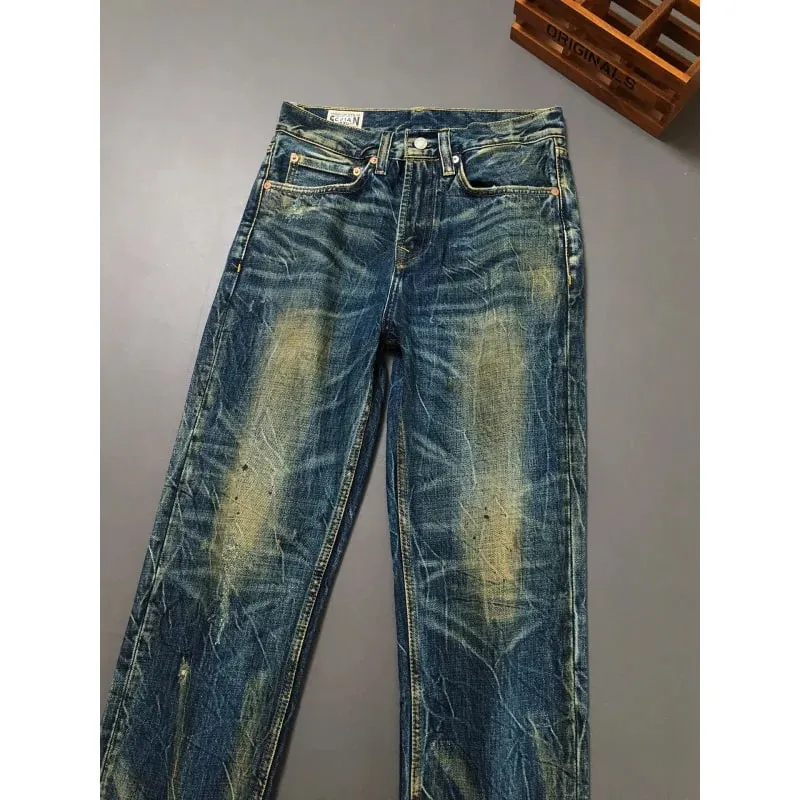 Heavy duty denim pants for men nostalgic trend 2025 new style distressed washed loose straight leg scratch jeans