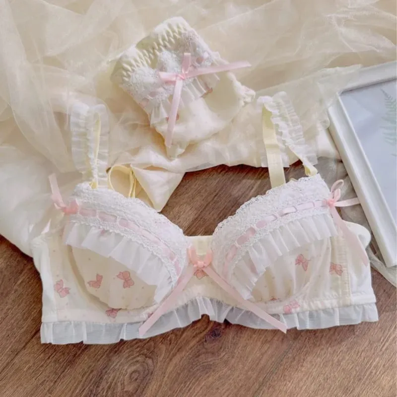 Nippon's Pure Desire Aranyos Princess stílusú vékony kupa melltartó szett Print Cute masnis melltartó Kényelmes csipke fehérnemű Fehérnemű Gothic