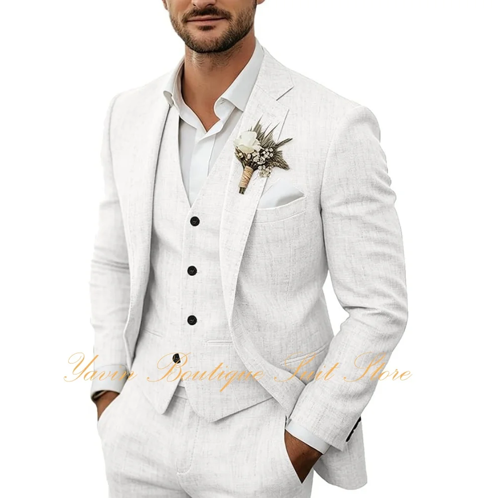 Summer Men's Linen Suits Casual Blazer 3 Piece Jacket Vest Pants Suit Set for Men Wedding Business Prom Tuxedo Suits — image 3