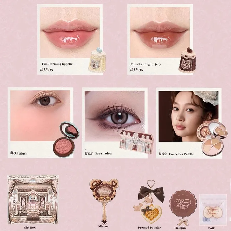 Flowerknows THE SWEETIE BEAR COLLECTION Makeup Gift Set All In Concealer Palette Blush Setting Powder Lip Jelly Gift Box Mirror