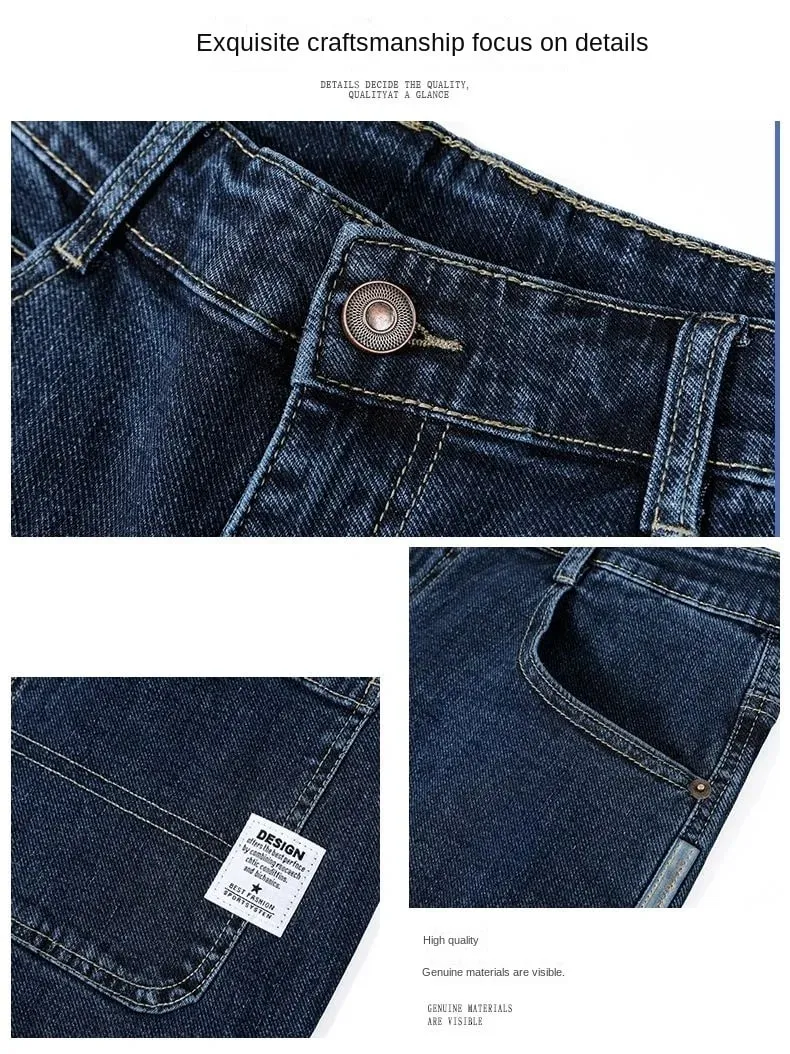 Men's Baggy Straight Leg Jeans Casual Stretch Denim 9-Length Comfortable Loose Trousers Spring Autumn Versatile Wide-Leg Pants