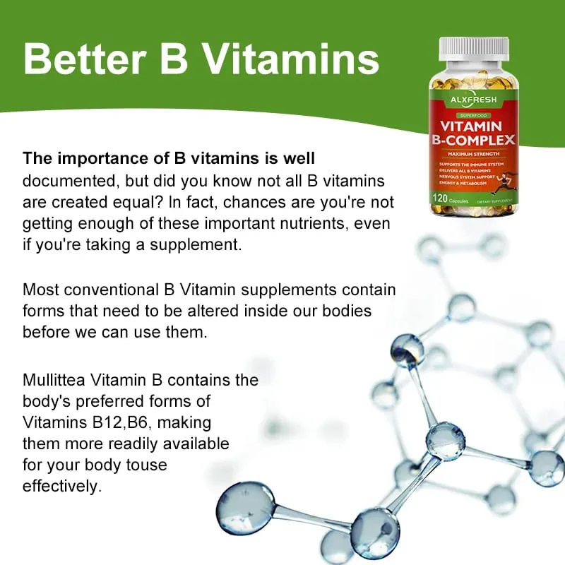 B-komplex vitamin-kiegészítők (B12 B1 B2 B3 B5 B6 B9 folsav és biotin) a stressz enyhítésére, hangulatra, immunrendszert támogató kapszula — image 6