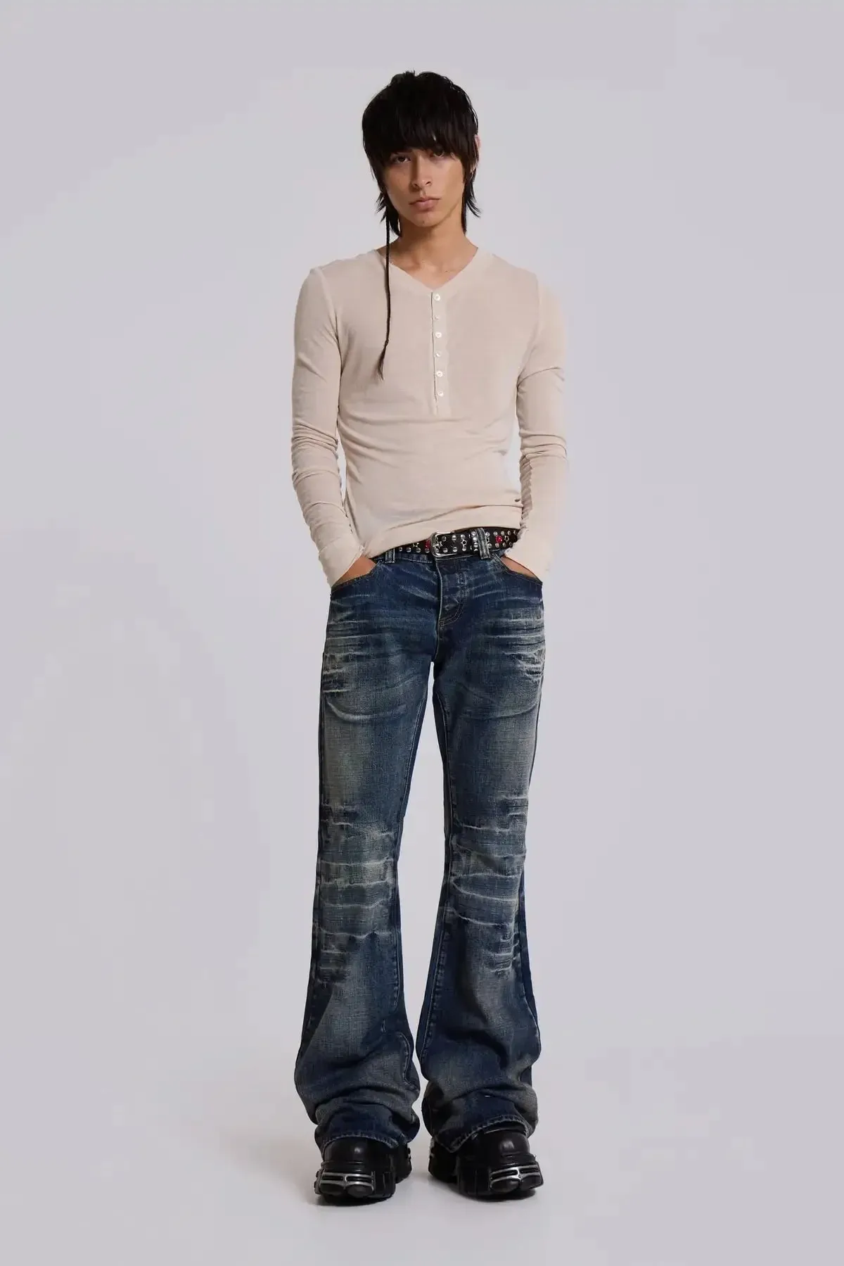 Y2K Mid Blue Flared Jeans Washed Men Women Bootcut Jeans Gothic High Street Unisex Streetwear Φαρδύ παντελόνι με φαρδύ πόδι — image 8