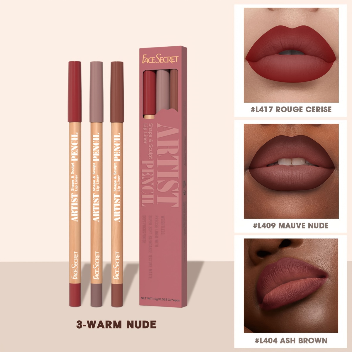 Face Secret 3 τμχ Σετ Nude Lip Liner Φυσικό ματ μακράς διαρκείας αδιάβροχο μακιγιάζ με μολύβι χειλιών με γάντζο γραμμής υψηλής χρωστικής