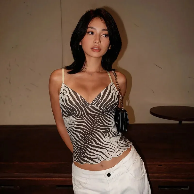 Női nyári hálós Zebra Print V nyakú hálós Cami felsők
