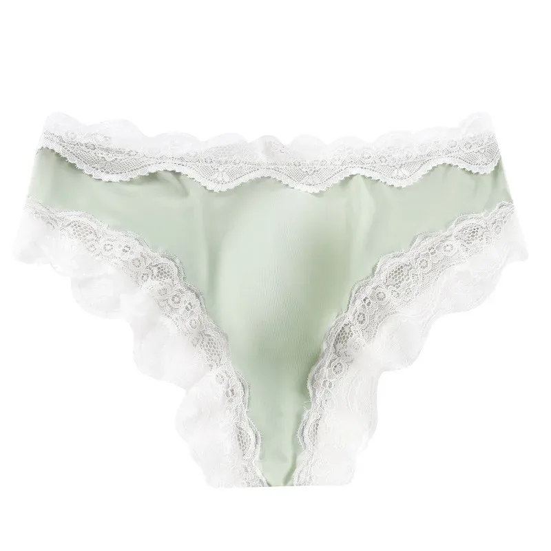 Male Full Lace Edge Briefs Back Bow Strap Ice Silk Satin Low Rise U Pouch Soft Breathable Men Underpants