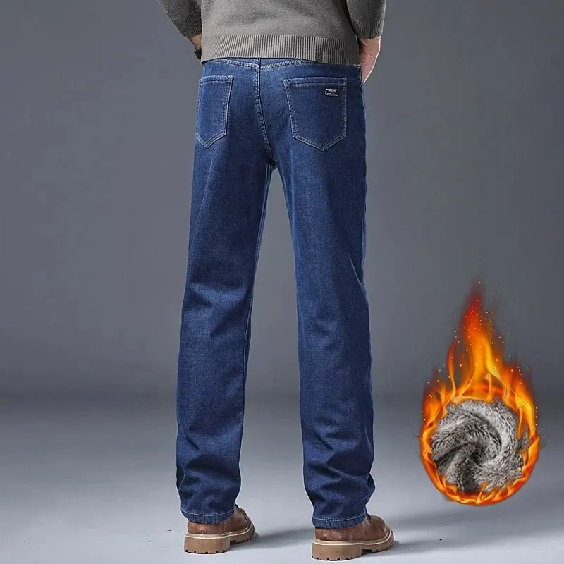 ג'ינס לגברים מרופד עבה ג'ינס חורף מתיחה חמה Slim Fit מכנסי ג'ינס מכנסיים רכים נוחים ללבוש יומיומי לעבודה
