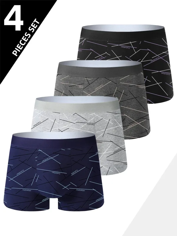 4pcs men's underwear, comfortable, soft and fashionable daily line print intimate boxer briefs, sporty and breathable boxers 3256811629132186