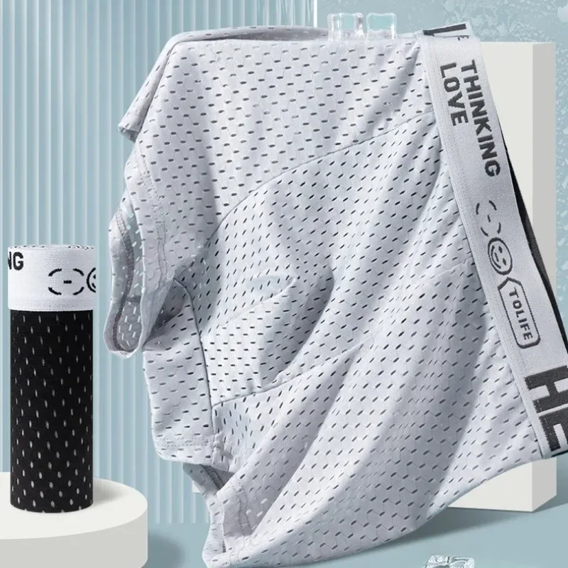 6 adet Mesh Buz Ipek Boks Şort erkek iç çamaşırı Nefes Alabilir Seksi Slim Fit ve Dikişsiz Düz Köşe Pantolon Büyük Boy