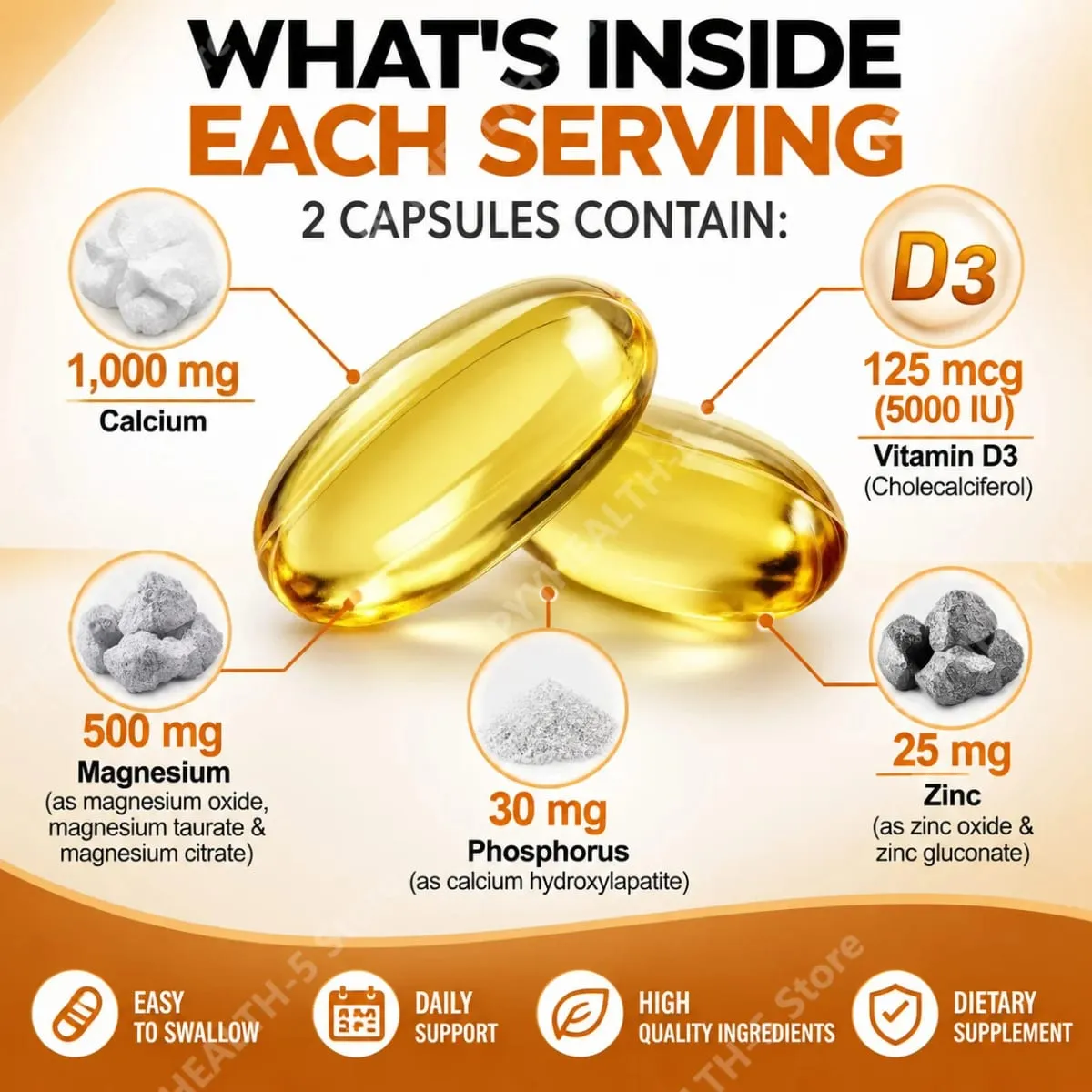 Calcium Magnesium Zinc Softgels Bone & Teeth Support Vitamin D3 Supplement Supports Muscle Health & Immune Function 120 Capsules