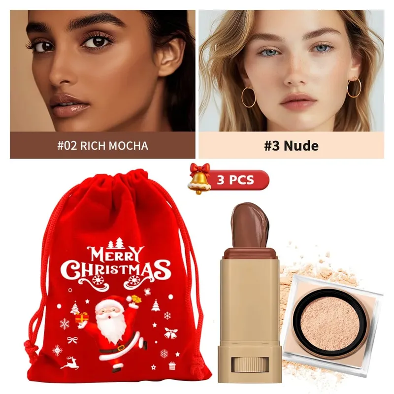 Foundation Stick & Loose Setting Powder Water-Resistant Longwear Full Coverage Oil-Control Beginner Makeup Set Christmas Gift