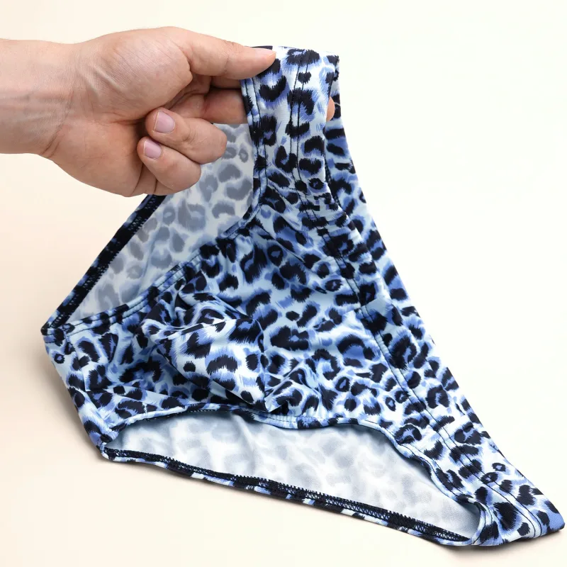 Men's Mid Waist Underwear Sexy Ice Silk Briefs Leopard Printed Breathable Underpants Male Soft Comfortable Panties Cueca Homme