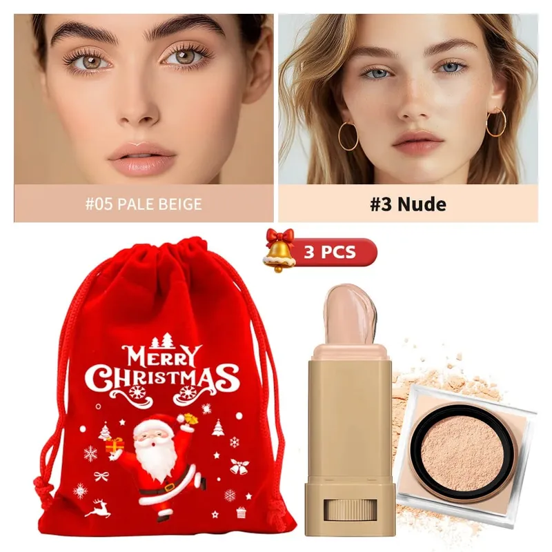 Foundation Stick & Loose Setting Powder Water-Resistant Longwear Full Coverage Oil-Control Beginner Makeup Set Christmas Gift