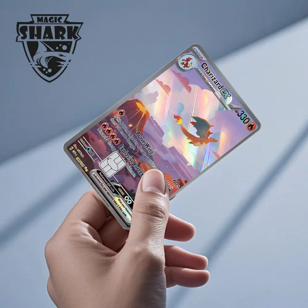 Magic Shark Mew Charizard EX Eevee Gengar Pikachu TCG Αυτοκόλλητο με ολογραφικό δέρμα λέιζερ για τραπεζική πιστωτική κάρτα