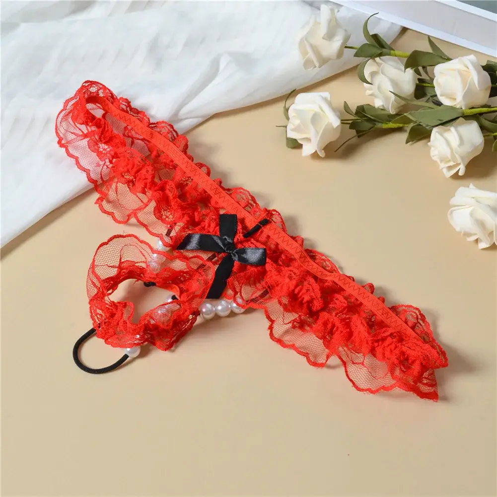 Men Lace T-Back Underwear Bow Elastic Waist G-String Pearl Lingeries For Man Sissy Panties Sexy Accessories Thongs Men's Panties