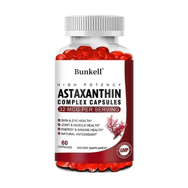 Bunkell Vegan Astaxanthin with Fish Oil & Antratic Krill Oil Antioxidant Supports Eye Skin Cellular Health Non-GMO Capsules