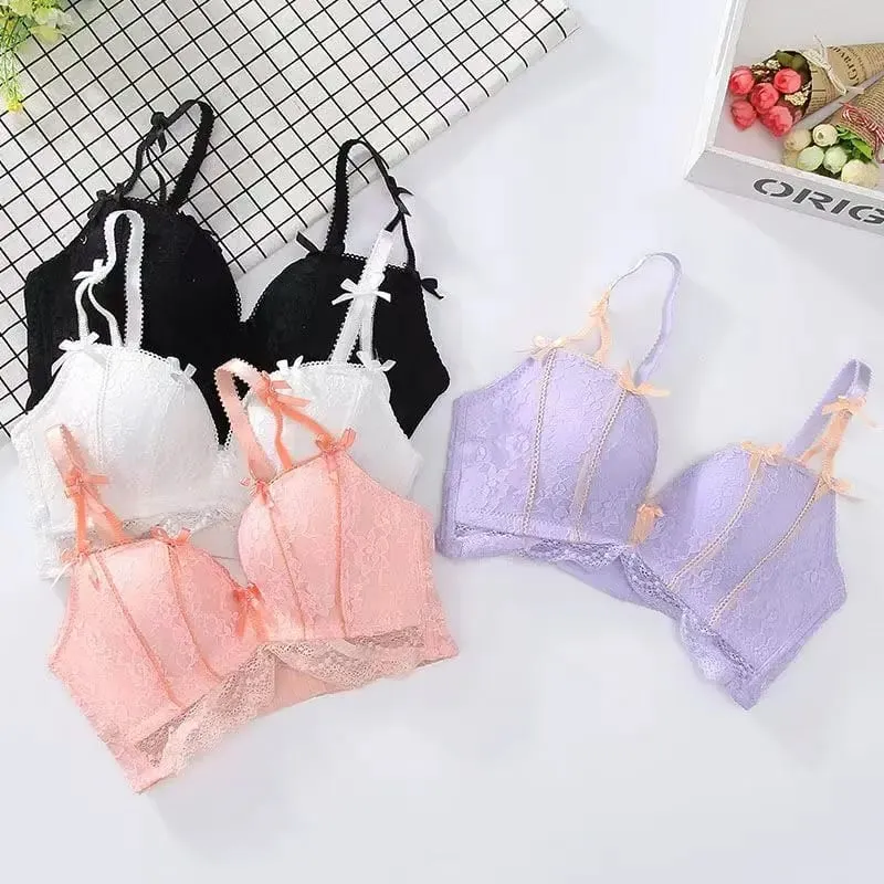 Bagong Sweet Seamless Lace Push Up Lingerie Para sa mga Babae Maliit na Breast Gathering Non-steel Ring Adjustable Bra Set