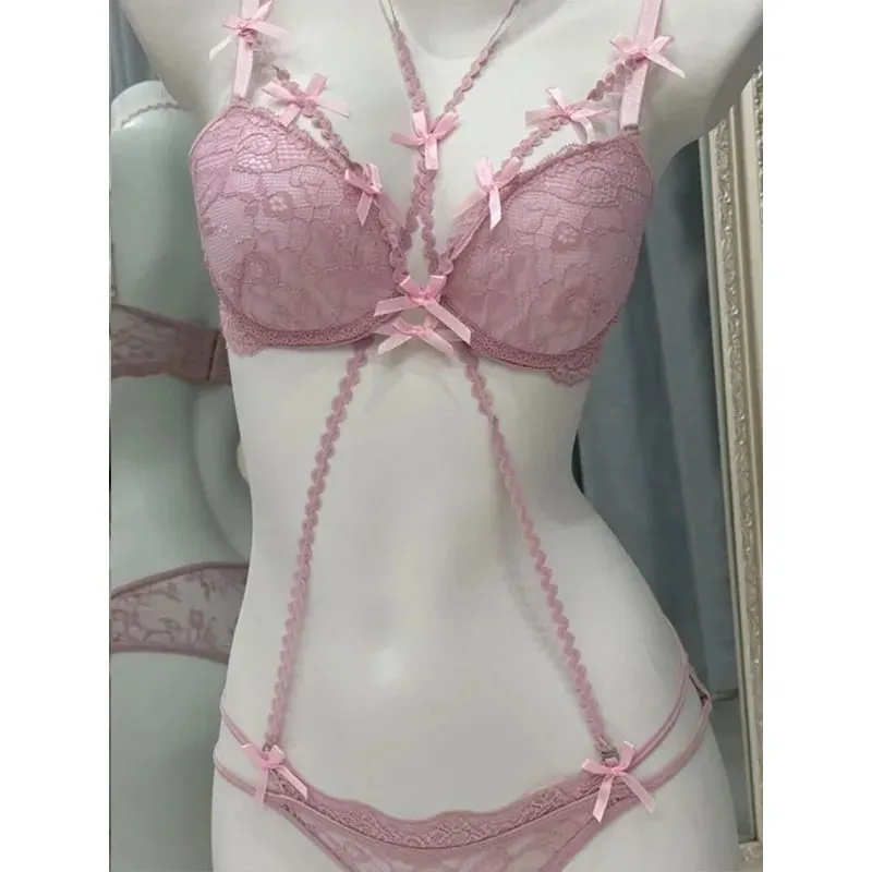 Σετ σουτιέν με δαντέλα αισθητικής - Hollow Out Halter Top με Φιόγκο Εσωτερικό κόκκινο Lace Up Σουτιέν Γυναικεία ασορτί εσώρουχα δύο τεμαχίων AB