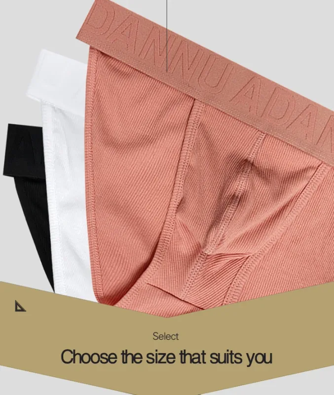Men's Cotton Ribbed Skin-Friendly Bare Feel Convex Pouch Briefs, Embossed Letter Wide Waistband Slim Fit Underwear