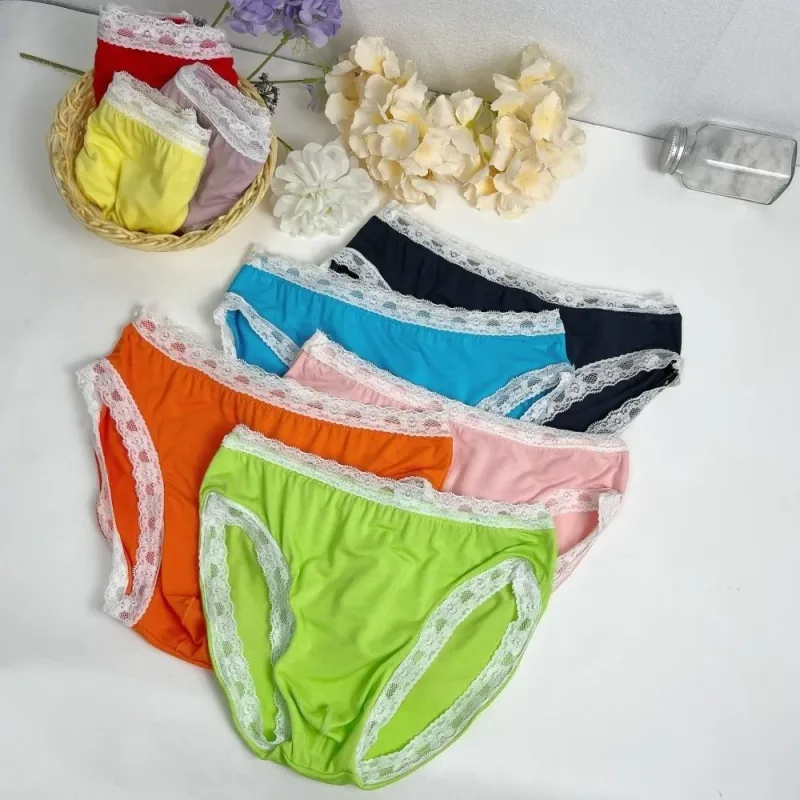 Breathable Ice Silk Men's Underwear Lingerie Low Waist Men's Lace Trim Briefs Panties U-Convex Pouch Brief Youth — image 7