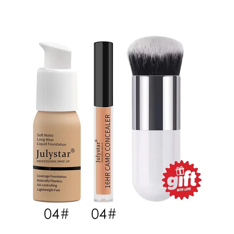 3‑Pc Base Makeup Kit Foundation&Concealer Free Brush. Matte 16H Oil‑Control Lightweight Full-Coverage para sa Natural na Pang-araw-araw na Mukha