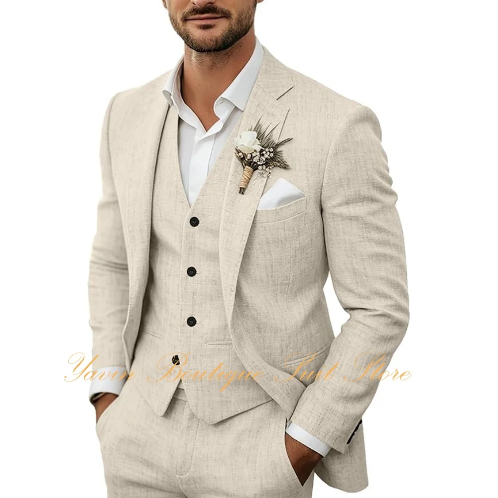 Summer Men's Linen Suits Casual Blazer 3 Piece Jacket Vest Pants Suit Set for Men Wedding Business Prom Tuxedo Suits
