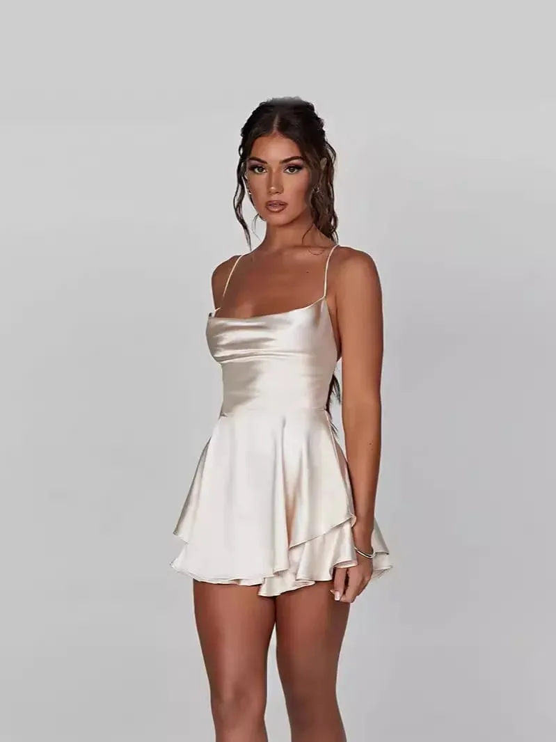 2024 קיץ חדש סקסי Slim Fit ו-Slim Off גב שמלה ומכנסיים תלויים בצבע אחיד