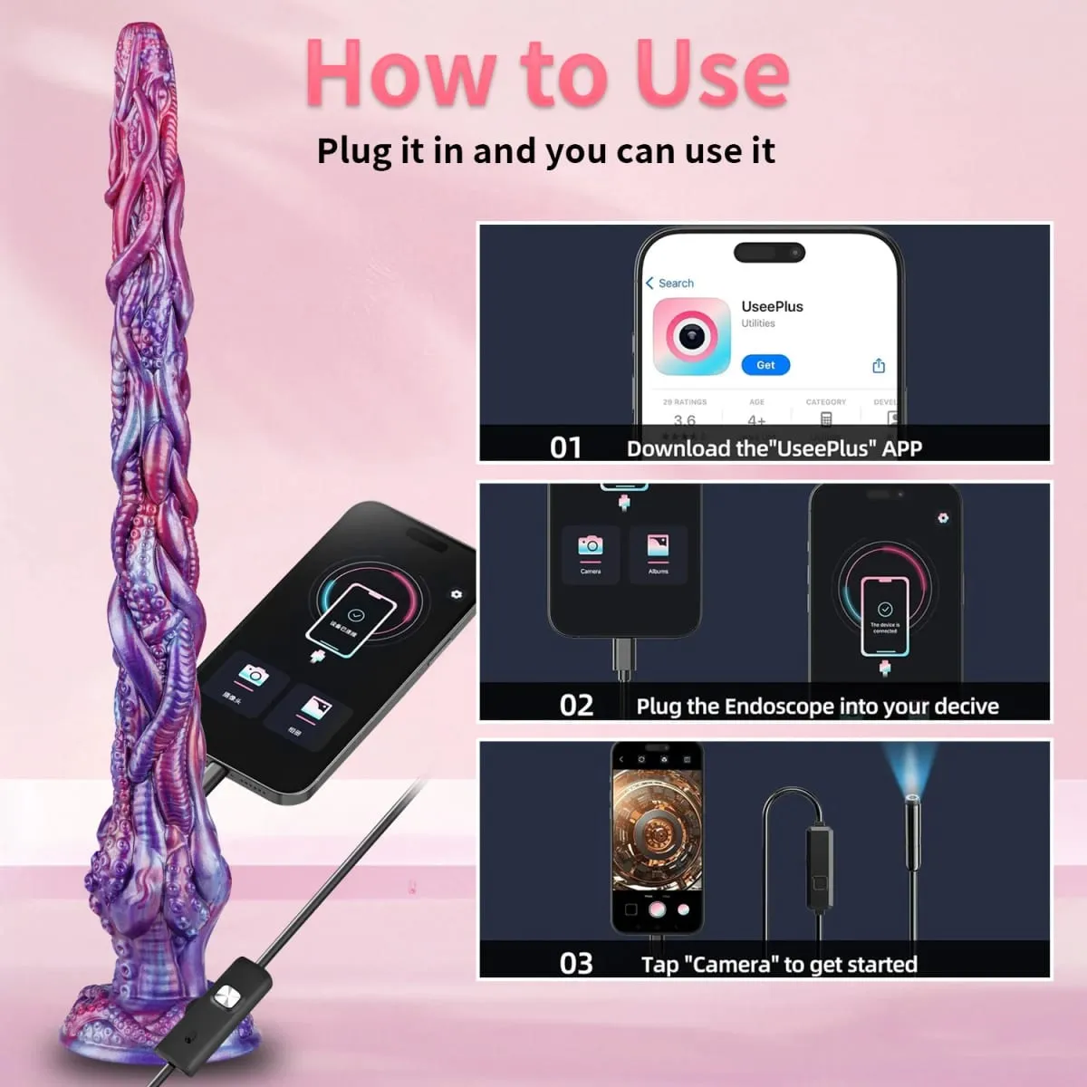 1080P HD Endoscope Camera Tentacle Dildo Octopus Anal Plug Spray Water Butt Plug Soft Silicone Adult Sex Toy for Women IP67 — image 4