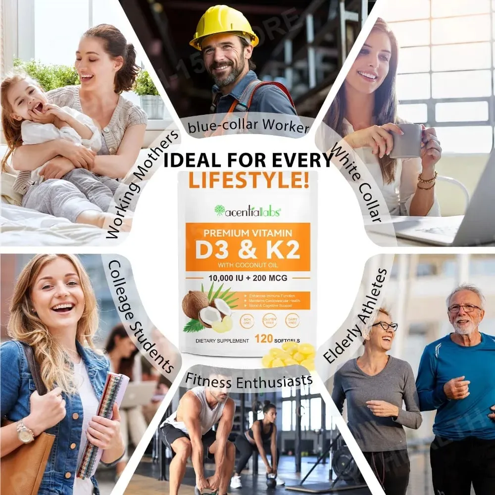 AcentiaLabs Vitamin D3 & K2 Softgels with Coconut Oil Immune Function and Bone Support Gluten Free Non-GMO 120 Softgels — image 4