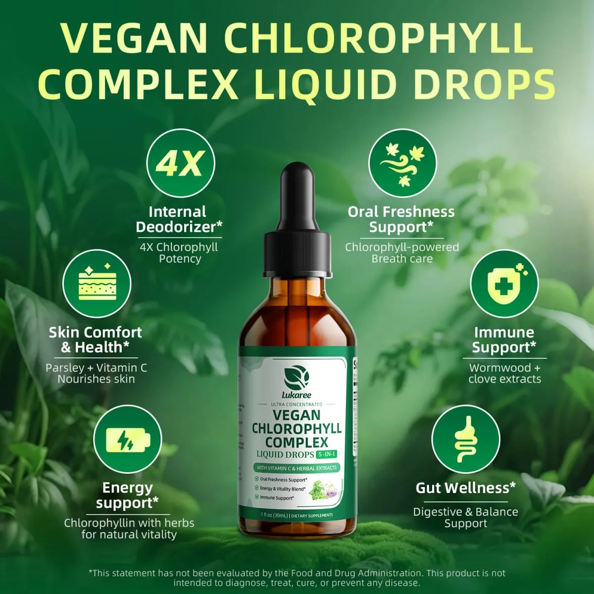 Lukaree 30ML Chlorophyll Liquid Drops Supports Natural Cleansing & Immune Internal Deodorant Skin & Gut Health Vegan Sugar-Free