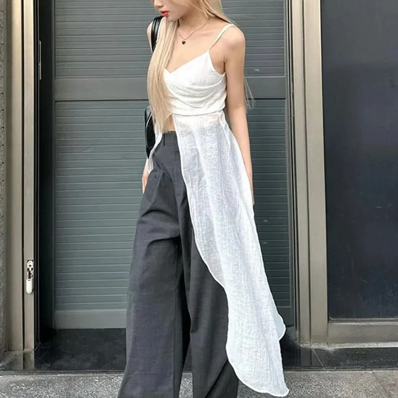 Xingqing y2k Camisole Top Γυναικεία Ρούχα Μονόχρωμα V λαιμόκοψη λουράκι Αμάνικο σχίσιμο μπλουζάκι μπλουζάκι Τάνκ 2000s Streetwear — image 7