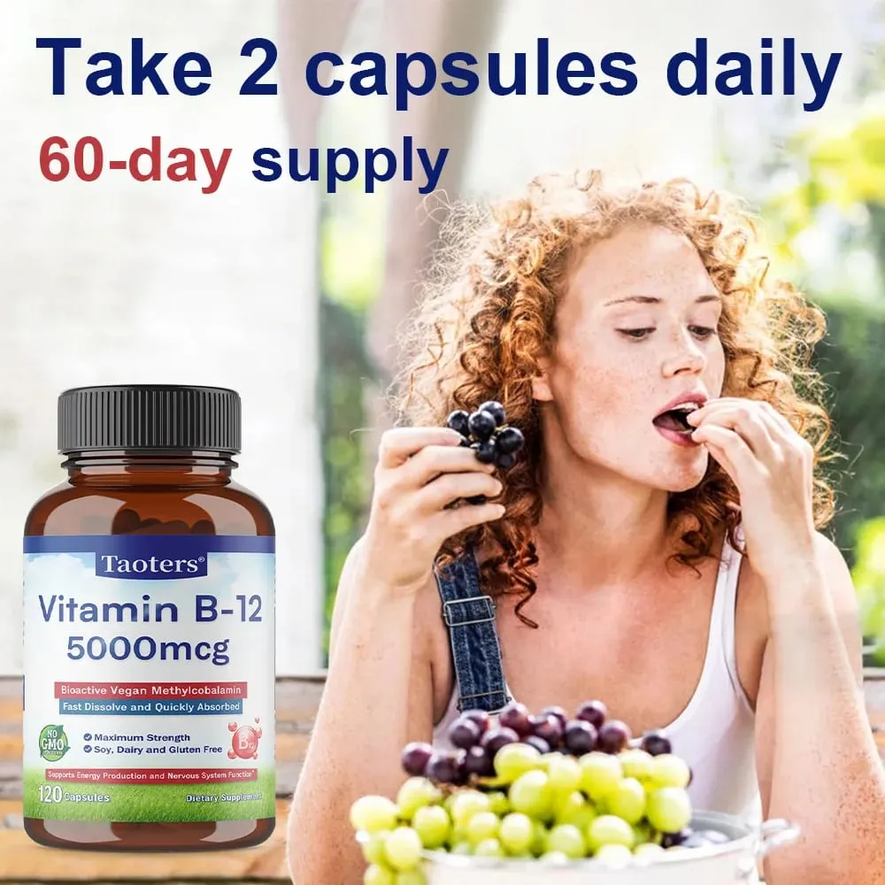 Vitamin B12 Capsules 5000 Mcg Bioactive Vegan Methylcobalamin Supports Energy Production and Nervous System Function