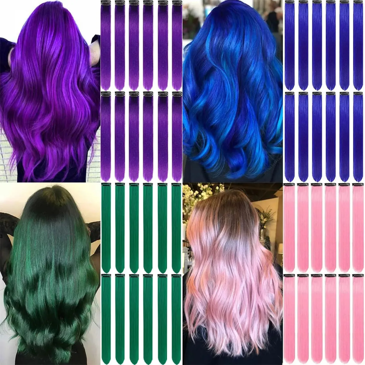 Clip in Hair Extensions Colored Party Highlights 22 inches 6pcs/pack Multi-colors Straight Hair Synthetic Hairpieces Royal Blue — image 2