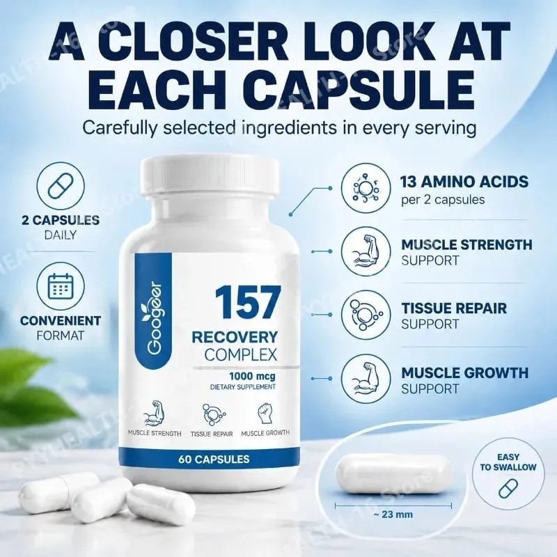 157 Complex Capsules Recovery with L-Valine and L-Glutamine for Recovery Support Muscle Growth Amino Blend 1000 Mcg 60 Capsules