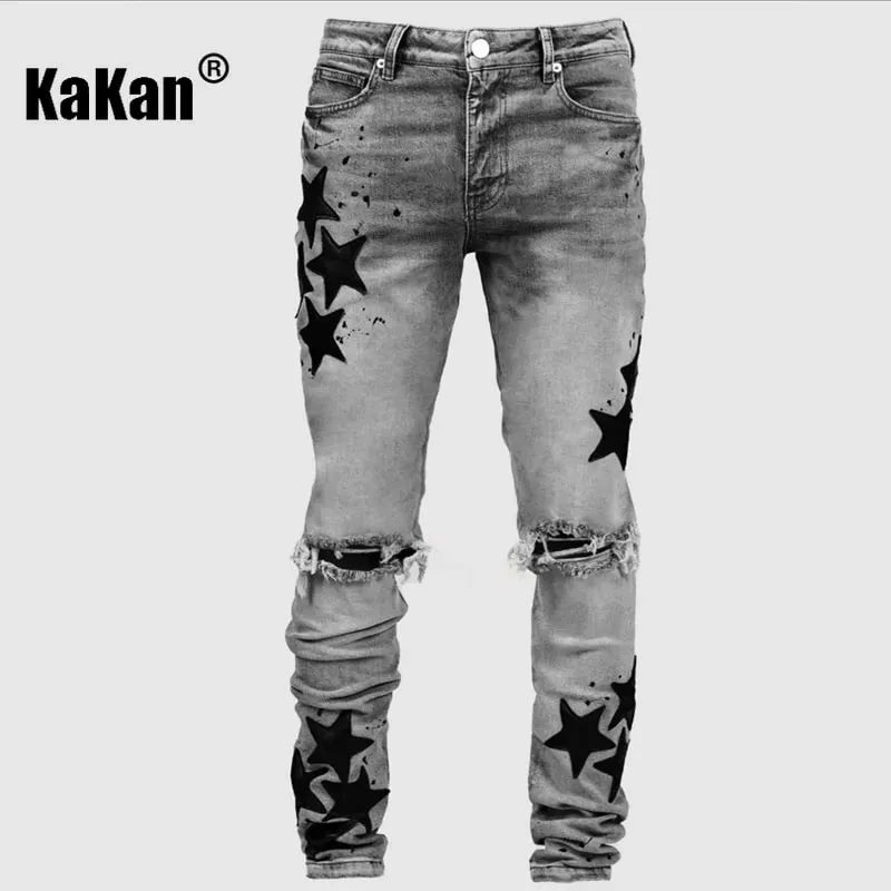 Kakan – új férfi kék, karcsúsított patch farmer Y2k nyomtatott design hosszú farmer farmer férfi márka — image 6