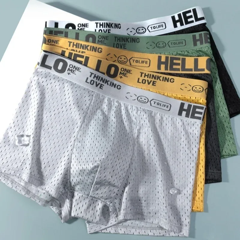 6 adet Mesh Buz Ipek Boks Şort erkek iç çamaşırı Nefes Alabilir Seksi Slim Fit ve Dikişsiz Düz Köşe Pantolon Büyük Boy