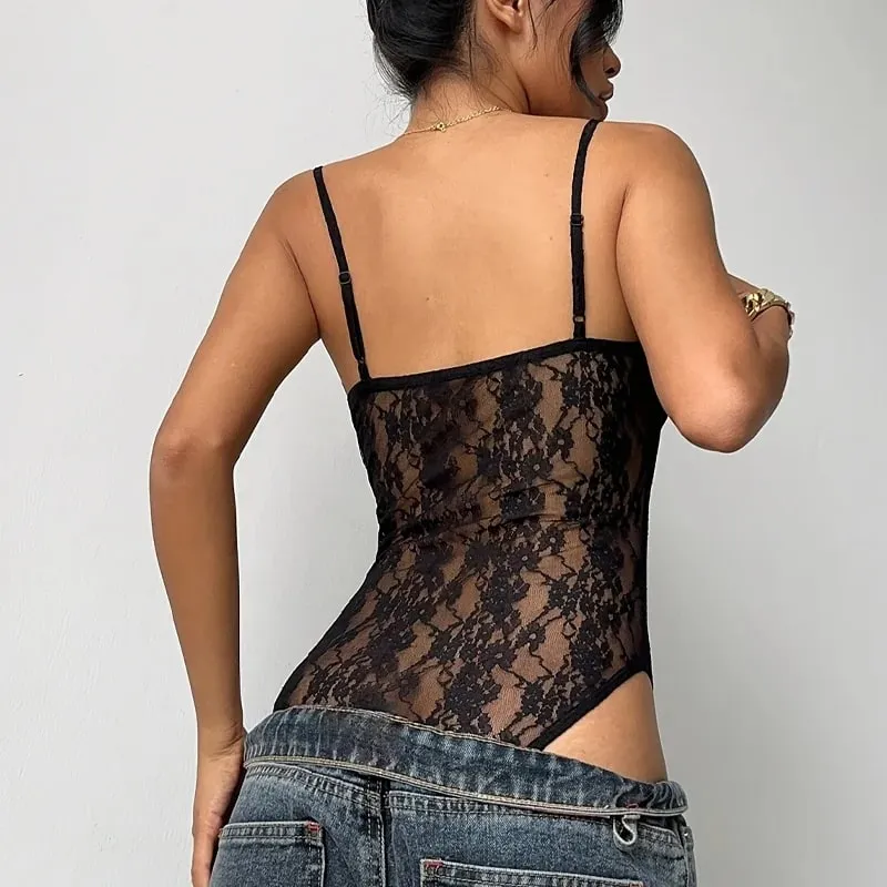 Y2k női fekete csipke body nyári áttetsző spagetti pántos masni részlet Slim Fit party utcai ruházat Szexi body felsők — image 2