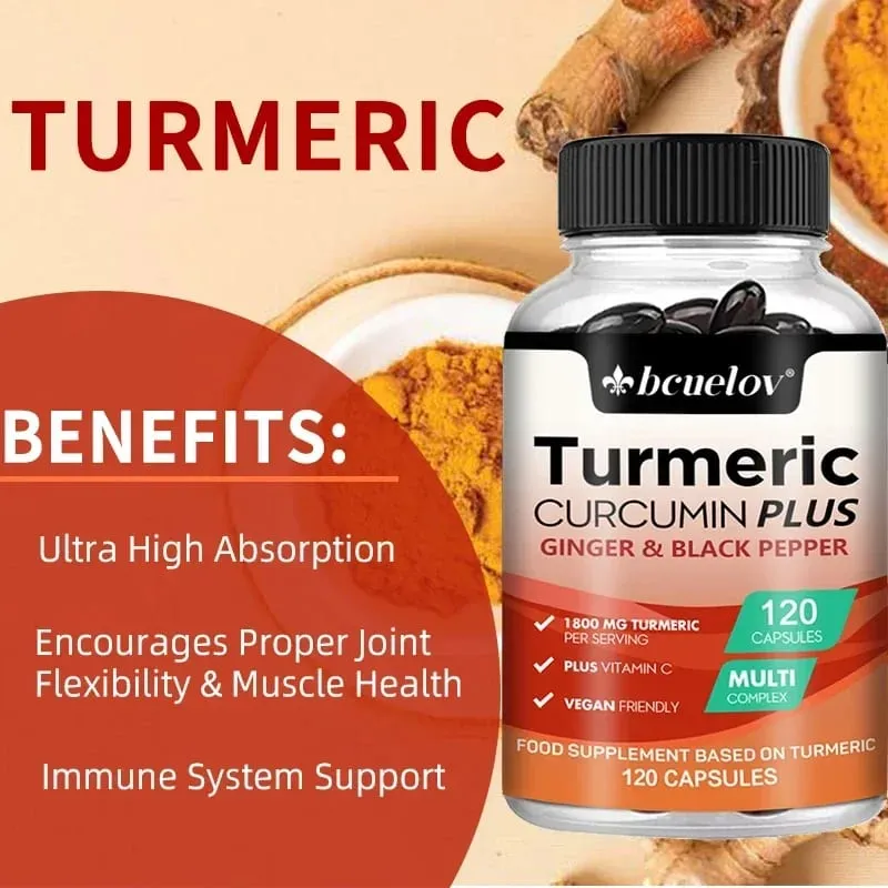 Turmeric supplement with curcumin extract ginger and black pepper to support joint mobility and muscle and bone health
