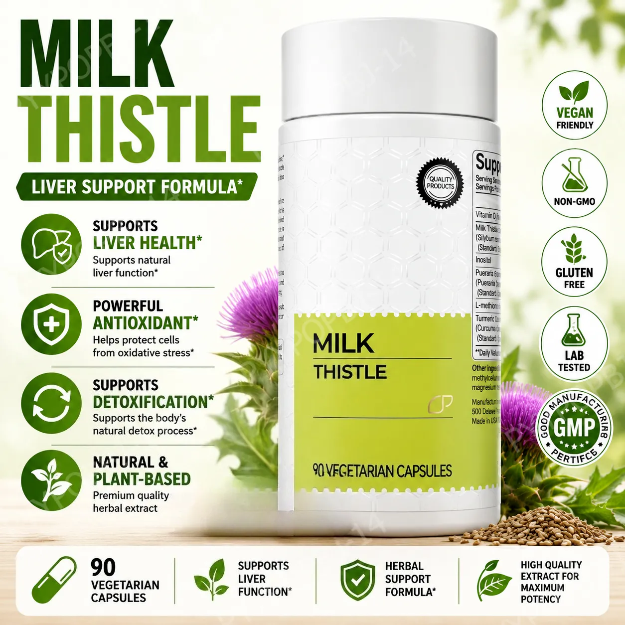 Milk Thistle Extract 300mg Capsules with Vitamin C Inositol Herbal Supplement 90 Capsules Non-GMO Gluten Free