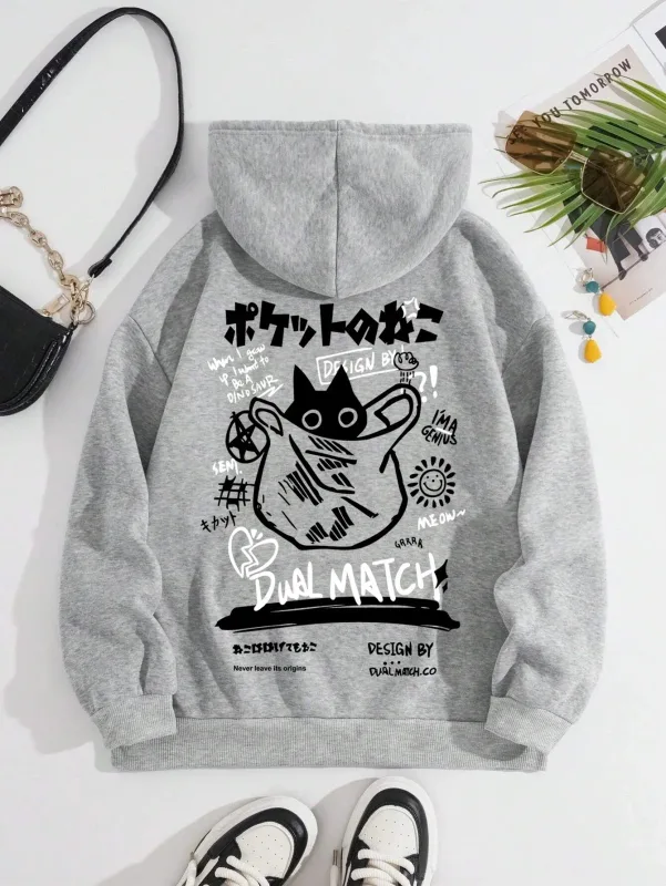 Japão estilo gato preto hoodie masculino feminino ao ar livre rua casual moda esporte dos desenhos animados manga comprida adulto outono inverno moletom topo — image 4