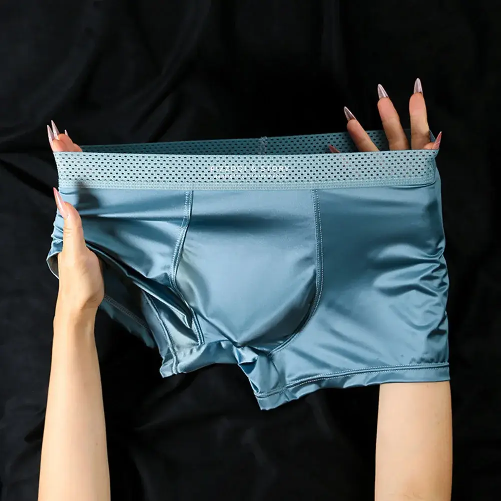 1pc Mga Lalaking Satin-like Ice Silk Boxer Makinis na Panty Hollow Out Waistband Panloob na Nakahinga Solid na Kulay na Kasuotang Panloob Trunk